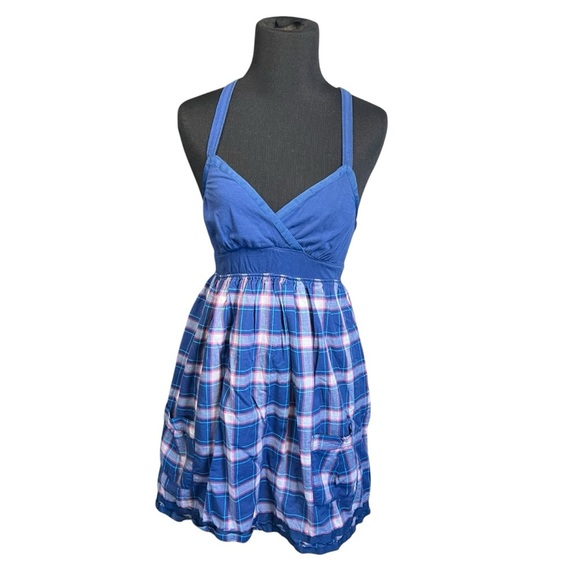 Abercrombie & Fitch Y2K Mini Blue Plaid Halter Dress - Picture 1 of 7